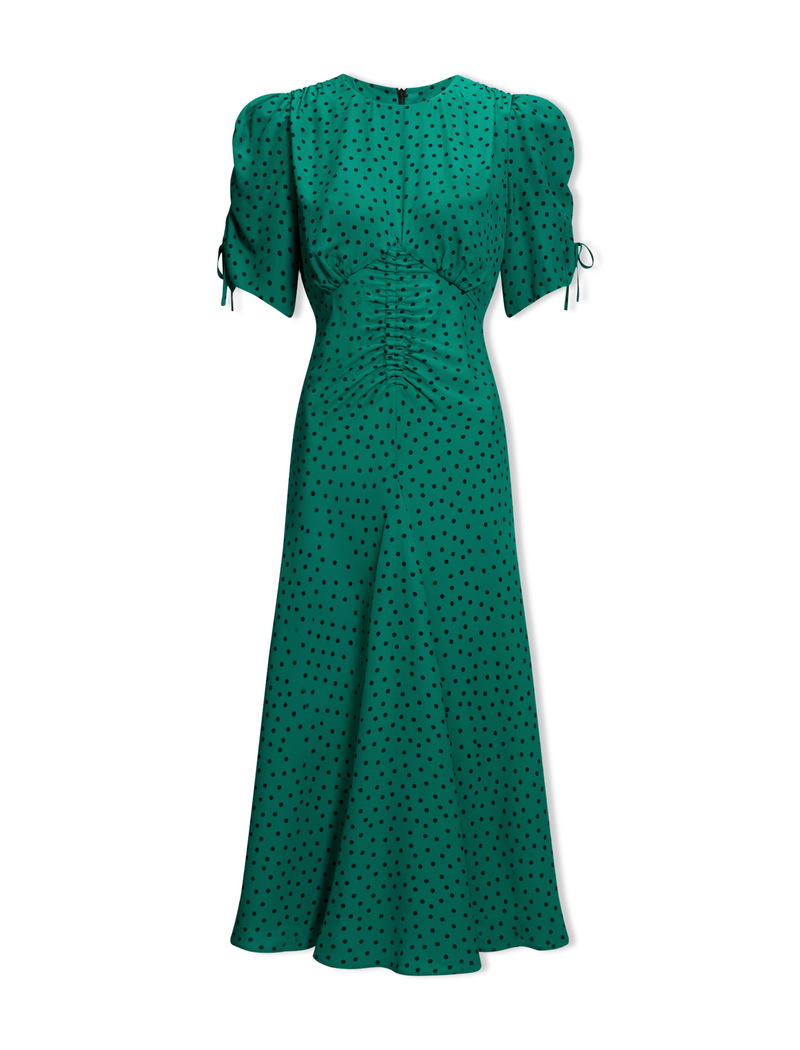 Lucia Bias Cut Midi Dress - Green Black Polka Dot Print