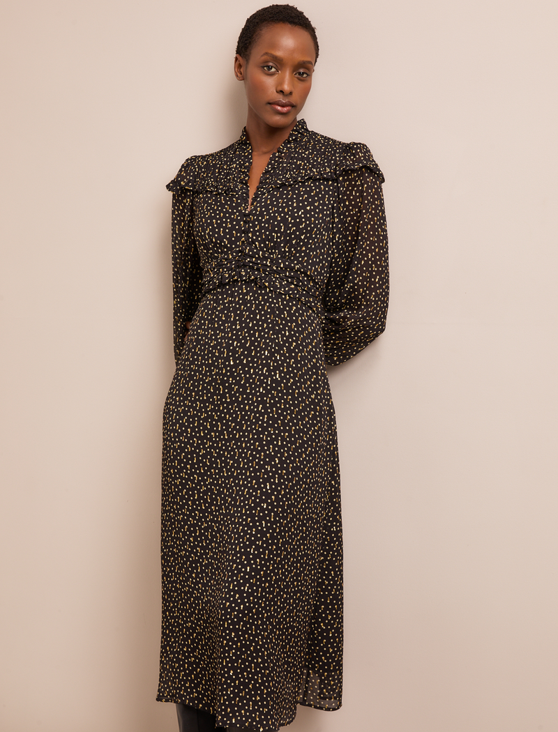 Arabella Fil Coupé Maxi Dress - Black Cream Polka Print