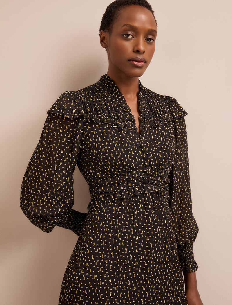 Arabella Fil Coupé Maxi Dress - Black Cream Polka Dot Print