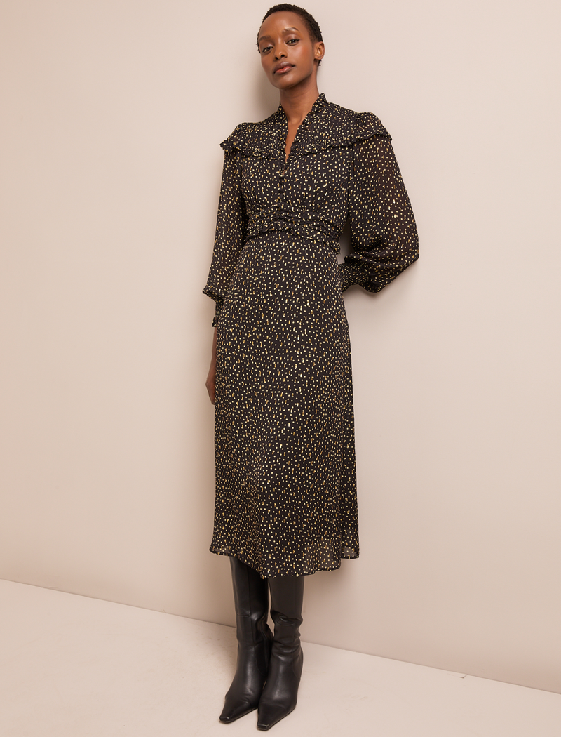 Arabella Fil Coupé Maxi Dress - Black Cream Polka Print