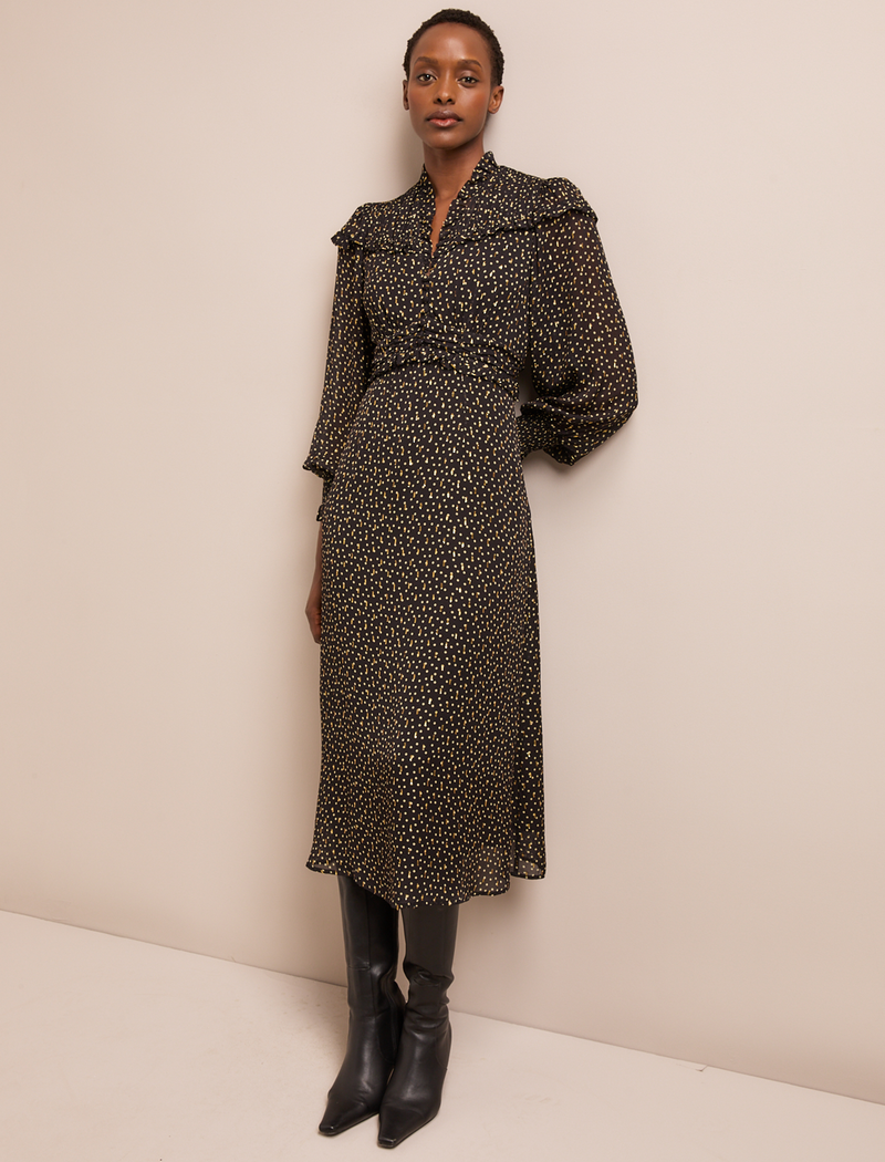 Arabella Fil Coupé Maxi Dress - Black Cream Polka Print