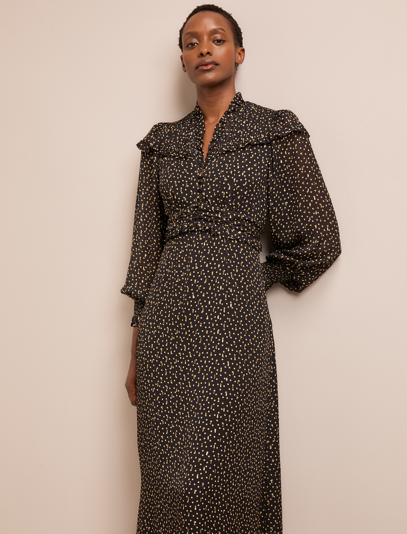 Arabella Fil Coupé Maxi Dress - Black Cream Polka Print