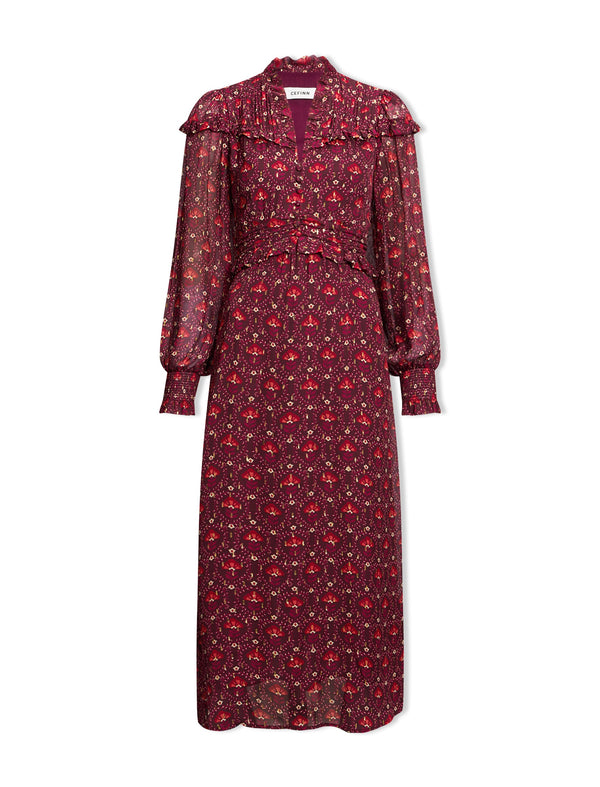 Arabella Fil Coupé Maxi Dress - Rust Burgundy Carnation Print