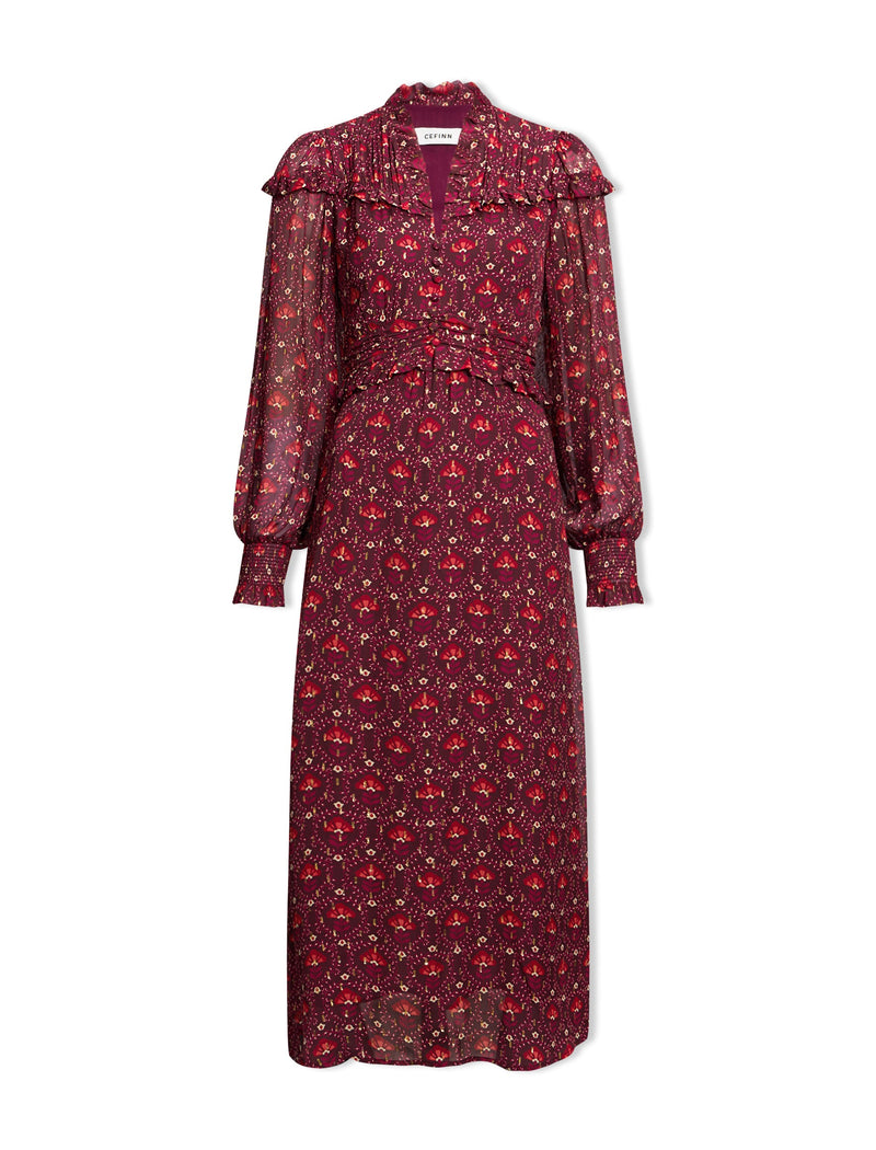 Arabella Fil Coupé Maxi Dress - Rust Burgundy Carnation Print