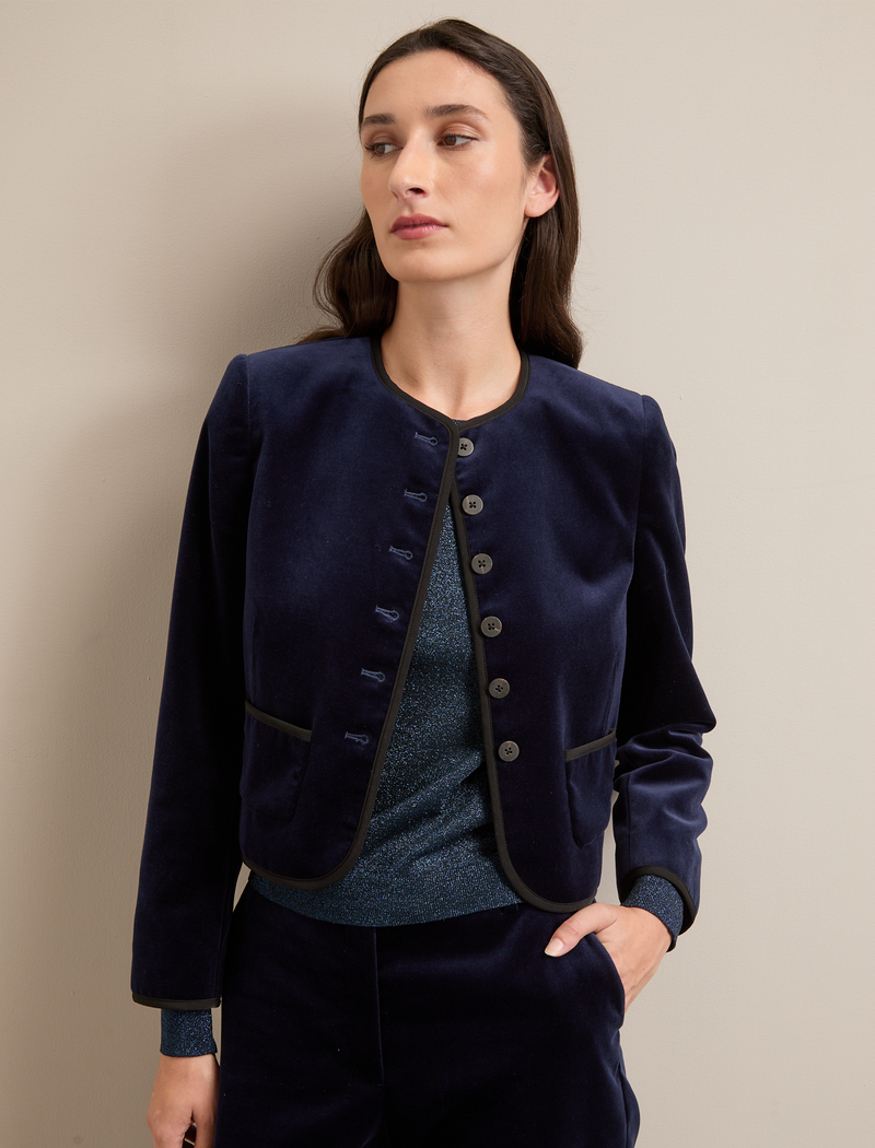 Juno Cropped Velvet Jacket - Navy