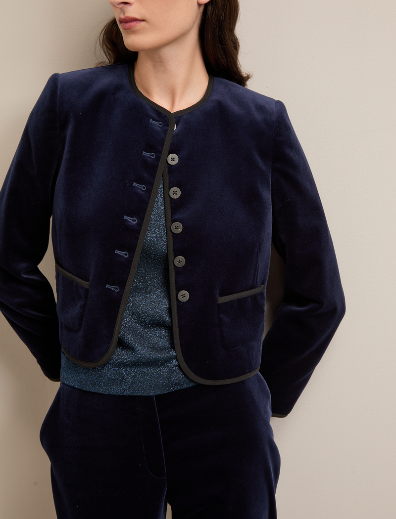 Juno Cropped Velvet Jacket - Navy