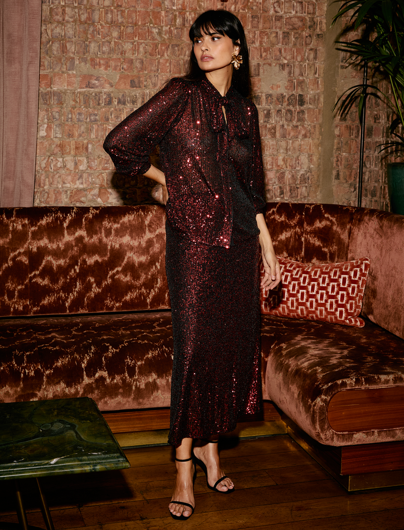 Scarlett Sequin Maxi Skirt - Burgundy
