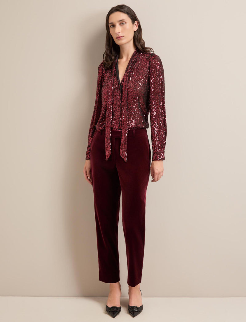 Tatum Velvet Tapered Trouser - Burgundy