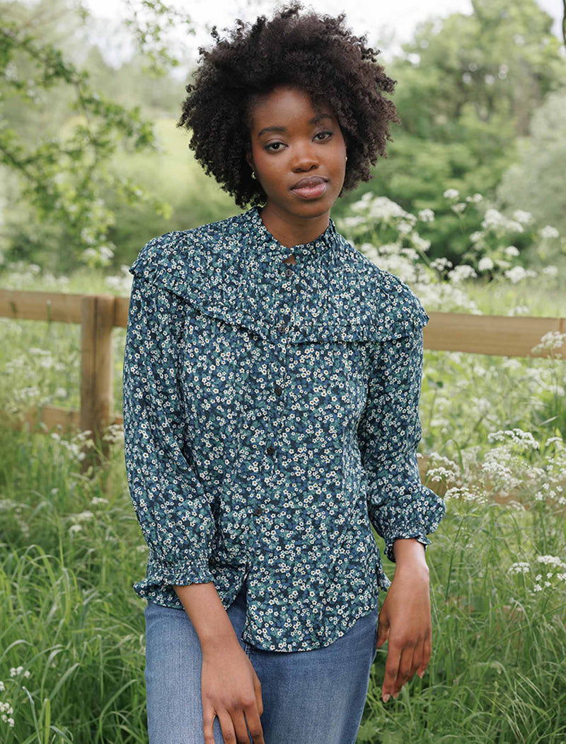 Iona Long Sleeve Frill Neck Blouse with Ruched Shoulder Detail in Green Blossom Print