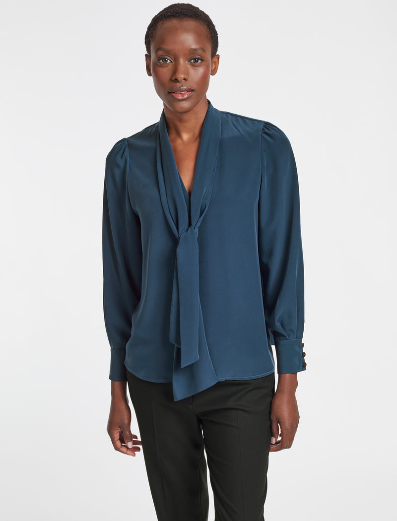 Carla V Neck Long Sleeve Blouse with Scarf in Petrol Blue