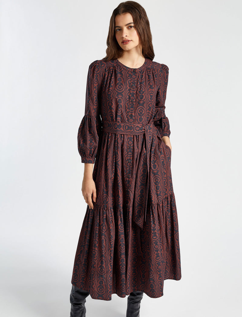 Alice Cotton Gathered Blouson Sleeve Maxi Shirt Dress - Rust Moire Print