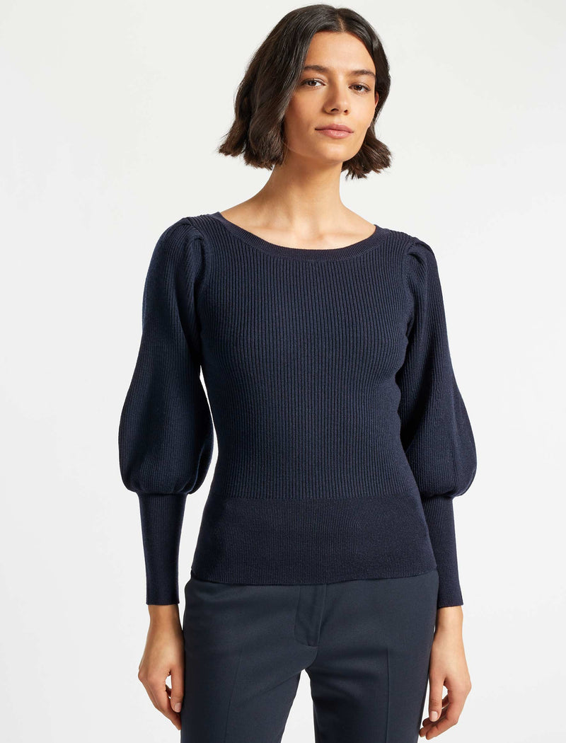 Eva Boat Neck Blouson Sleeve Jumper in Navy