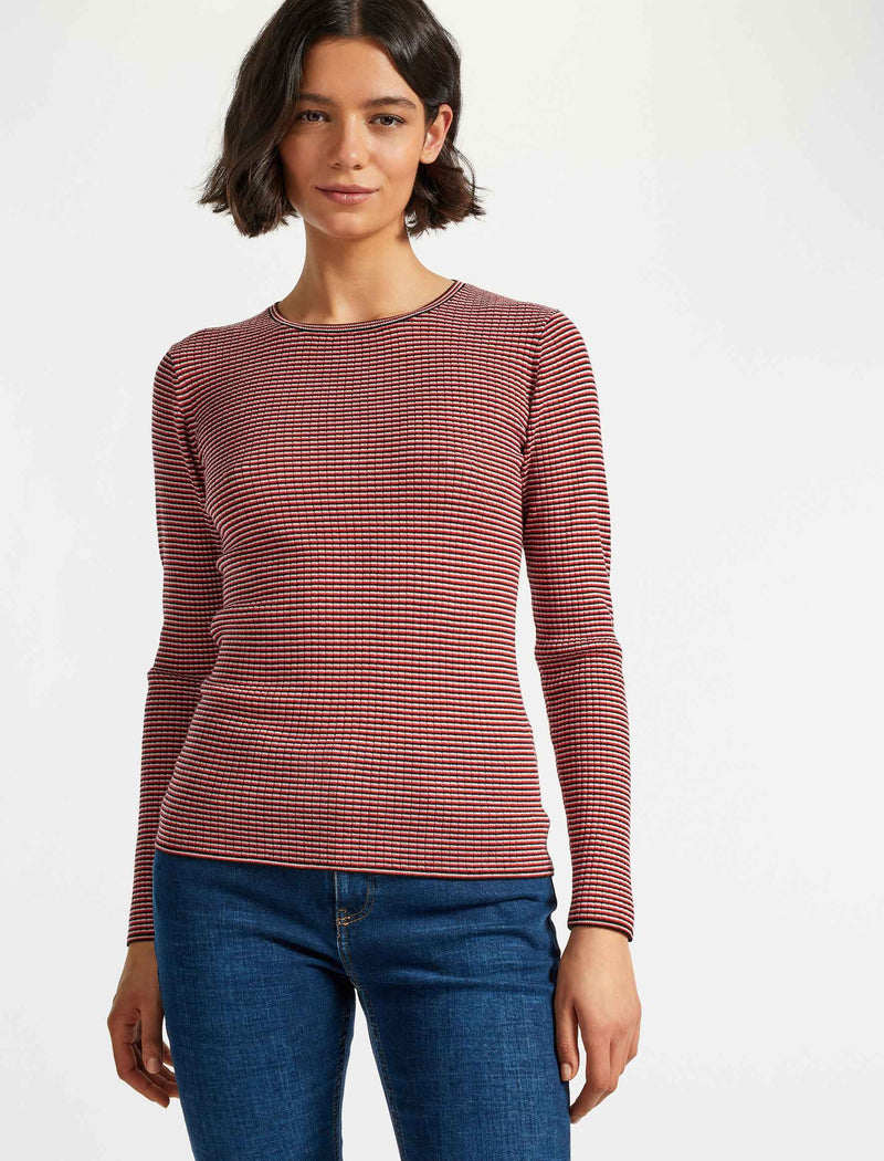 Jackson Wool Skinny Rib Jumper - Black Crimson White Stripe