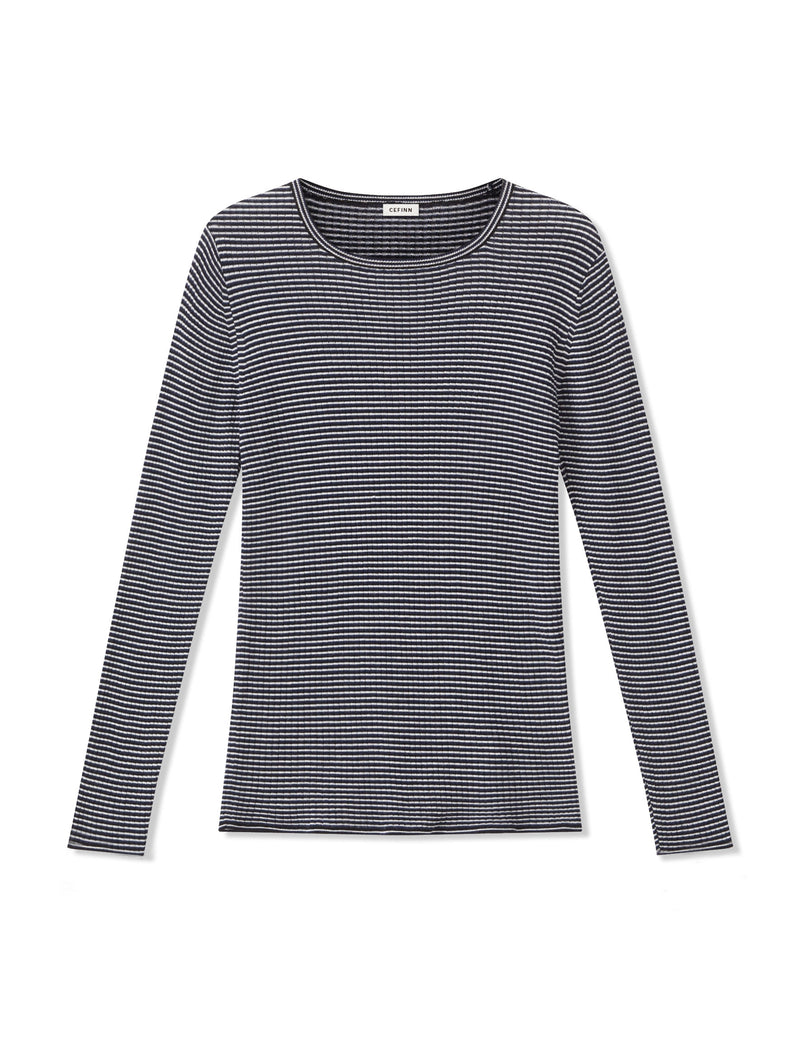 Jackson Wool Skinny Rib Jumper - Black Mid Blue White Stripe