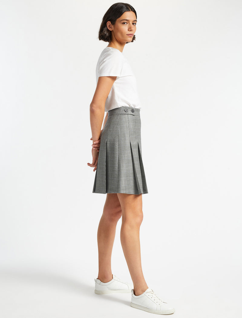 Celina Pleated Pure Wool Short Skirt  - Grey Check