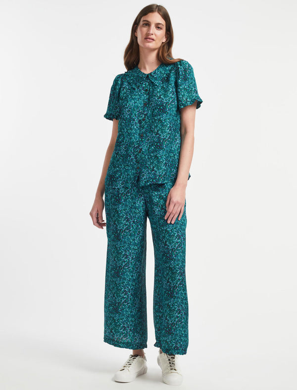 Rosa Silk Blend Blouse - Turquoise Blue Leopard Pansy Print