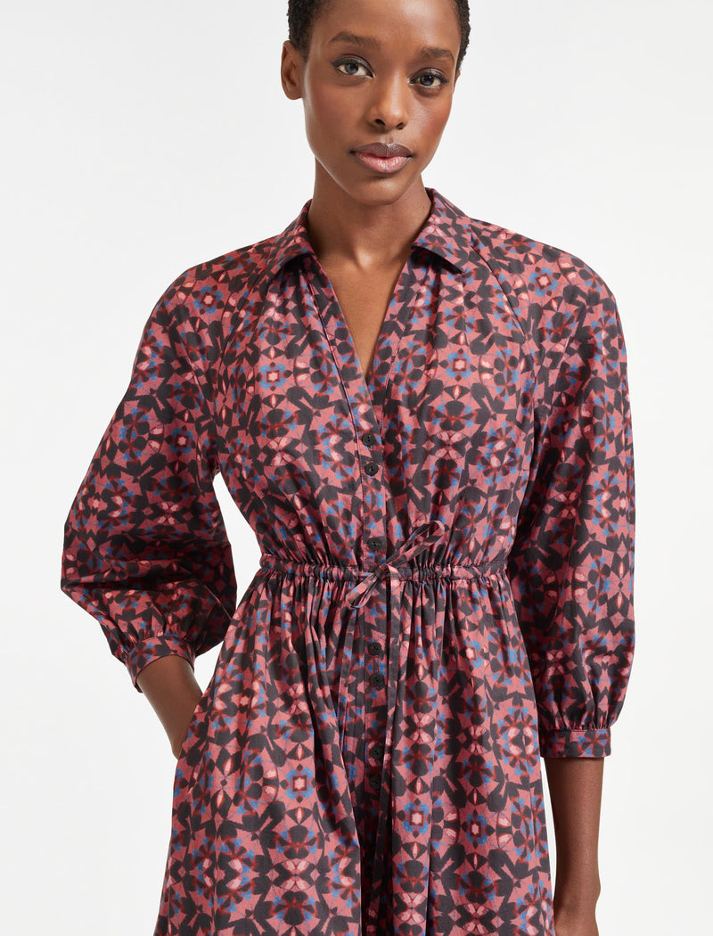 Liberty Raglan Sleeve V Neck Organic Cotton Maxi Dress in Pink Shibori Print