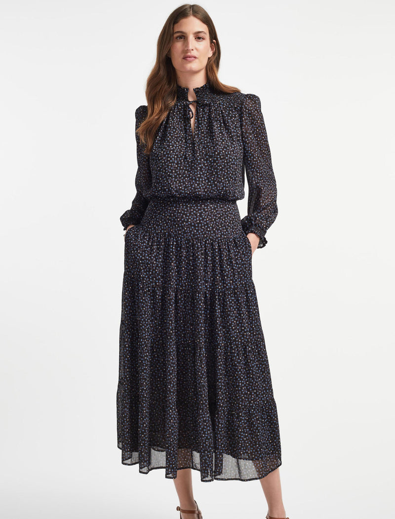 Zoe Long Sleeved Shirred Detail Tiered Maxi Dress in Blue Black Graphic ...