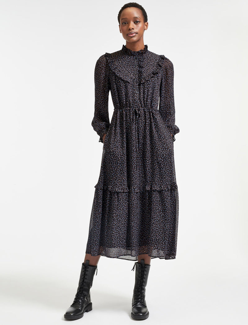Annie Long Sleeved Frill Detail Midi Dress with Drawstring Waist