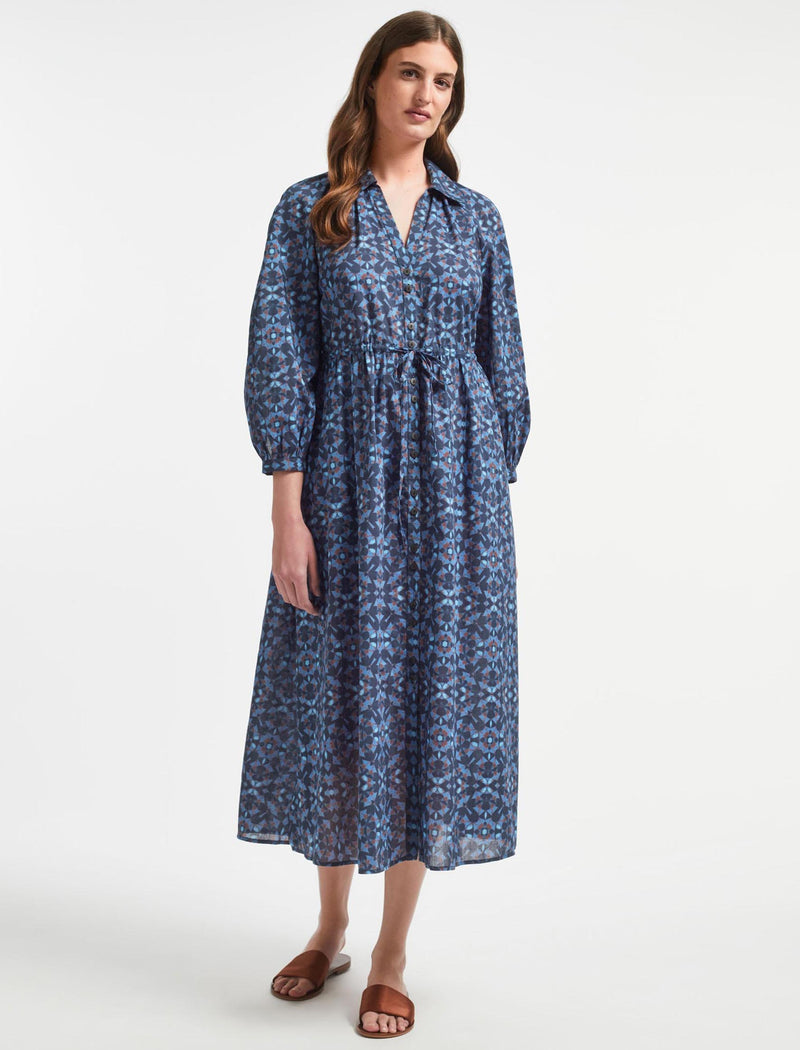 Liberty Raglan Sleeve V Neck Organic Cotton Maxi Dress in Blue