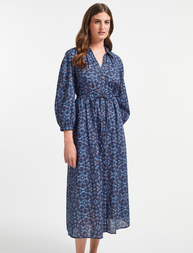 Liberty Raglan Sleeve V-Neck Organic Cotton Maxi Dress in Blue Shibori ...