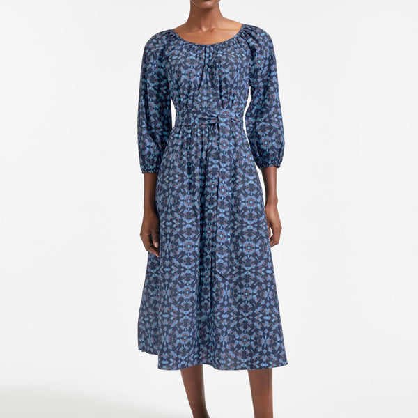 超安い品質 Organic Sleeve Gathered Ingrid Cotton Blue in Dress Maxi ワンピース
