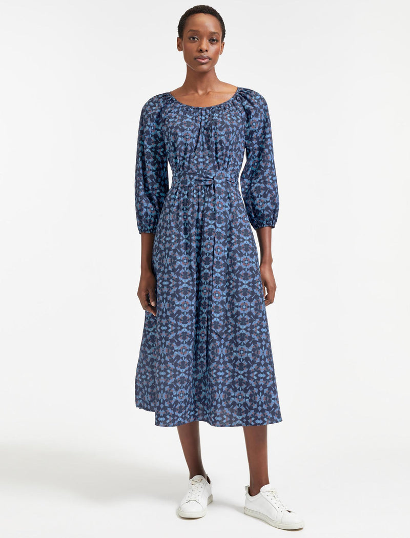 Ingrid Gathered Sleeve Organic Cotton Maxi Dress in Blue Shibori Print