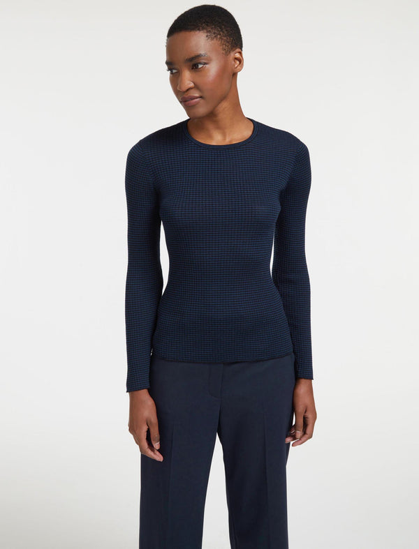 Jackson Wool Skinny Rib Jumper - Black Navy Blue Stripe