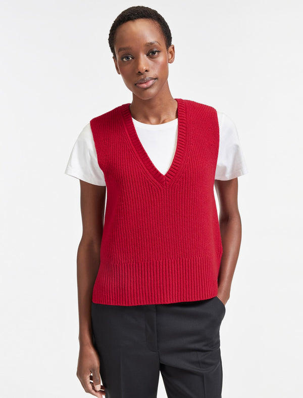 Janie Wool V Neck Sleeveless Jumper - Crimson
