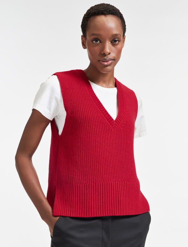 Janie Wool V Neck Sleeveless Jumper - Crimson