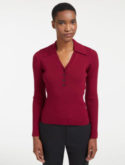 Ellen Collared V-Neck Rib Jumper - Dark Red