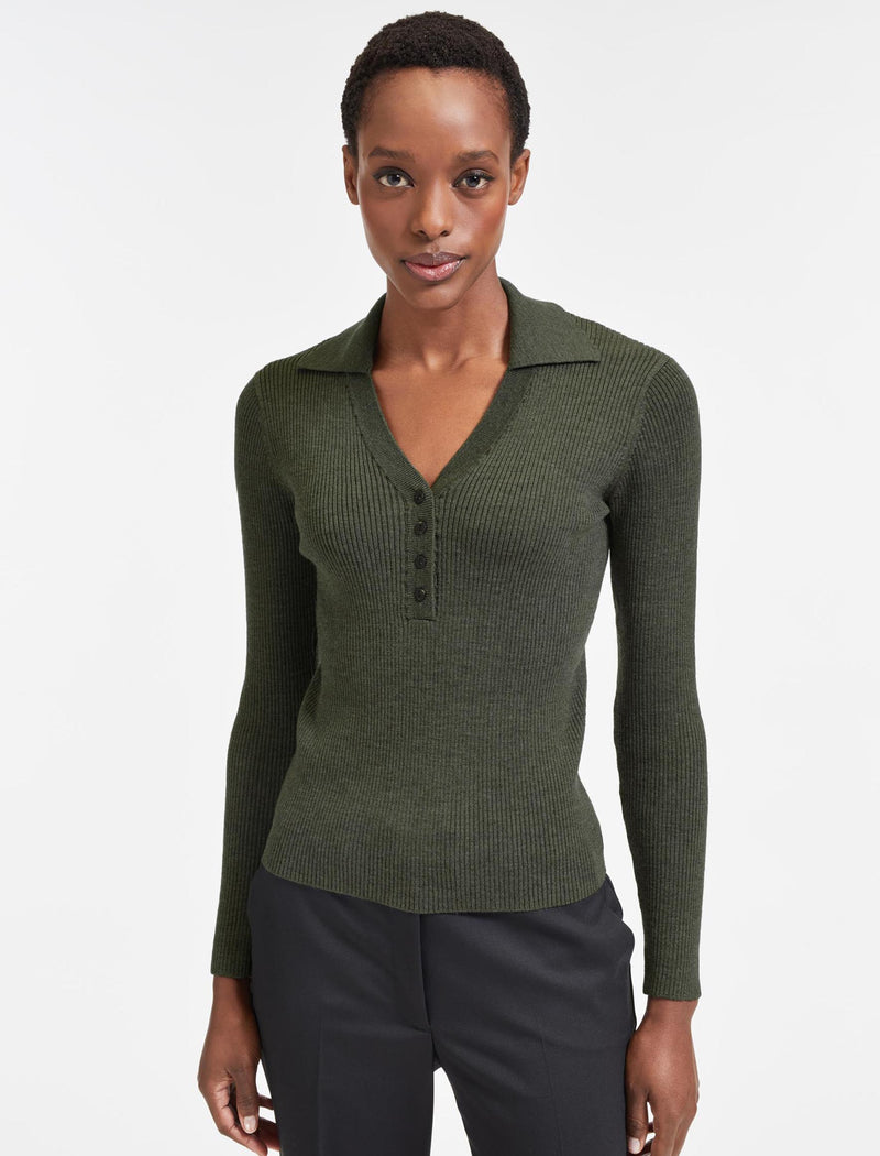 Ellen Collared V-Neck Rib Jumper - Khaki