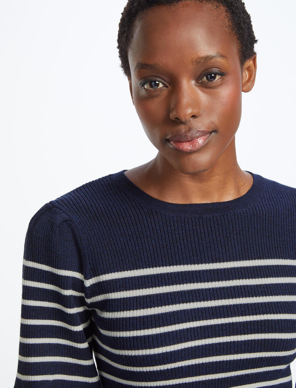 Eva Wool Crew Neck Jumper - Navy Cream Stripe