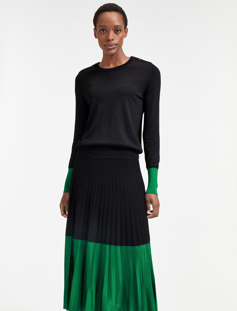 Colette Pleated Knit Midi Skirt With Contrast Hem in Emerald Green