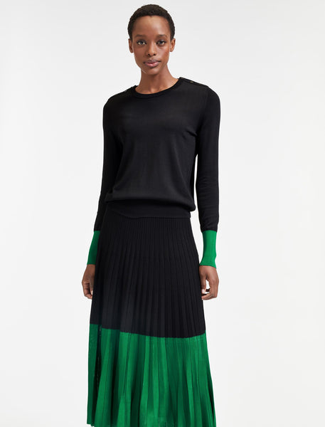 Colette Pleated Knit Midi Skirt With Contrast Hem in Emerald Green/Black