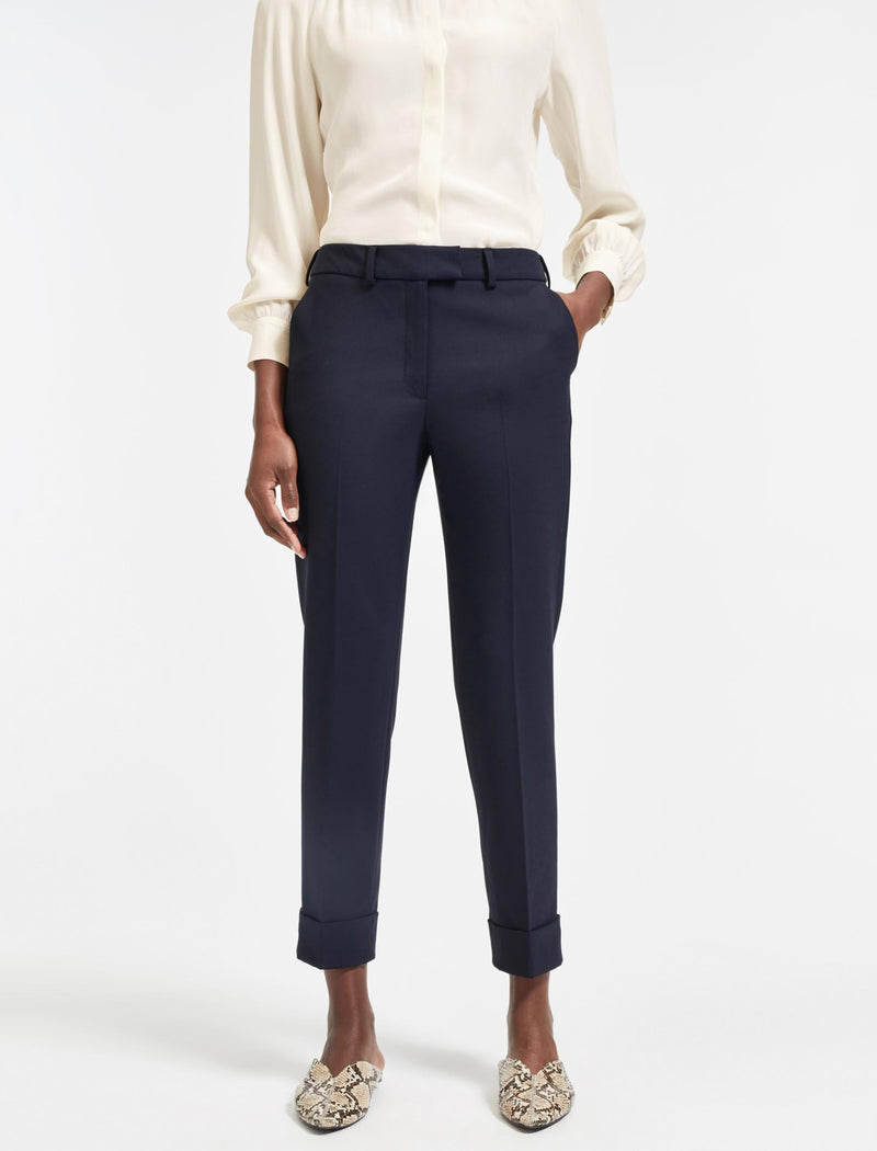 Clement Tailored Turn Up Stretch Wool Blend Easy Trouser in Navy