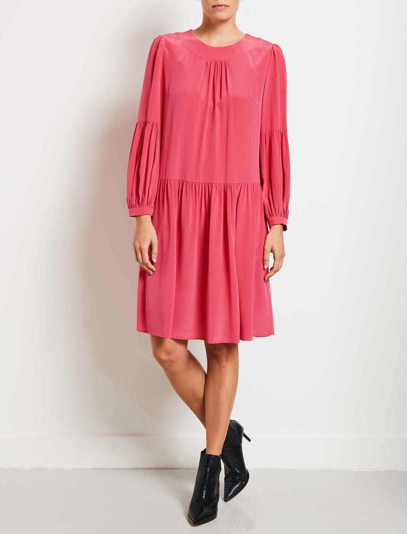 Effie Silk Drop Waist Blouson Sleeve Dress - Rose