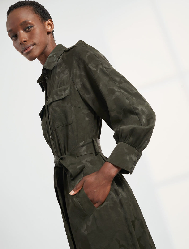 Robyn Pocket Detail Maxi Length Shirt Dress Khaki Camo Jacquard