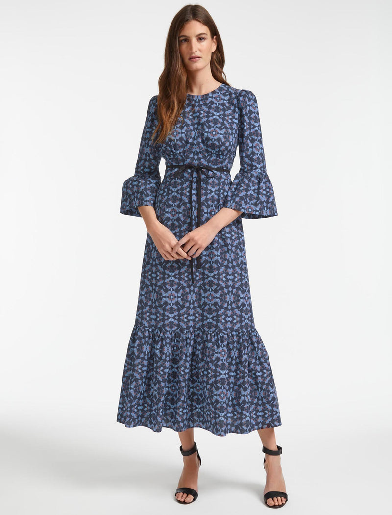 Luna Round Neck Organic Cotton Maxi Dress in Blue Shibori Print