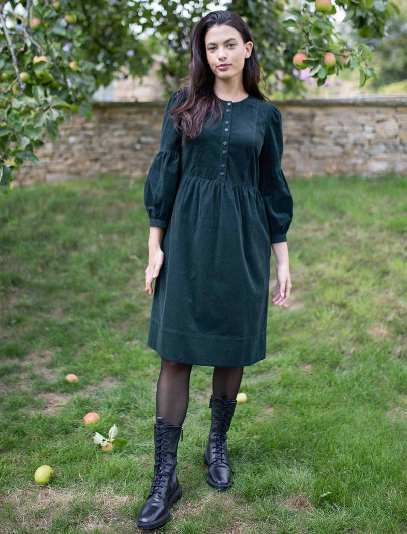 Effie Pin Corduroy Midi Dress - Forest Green