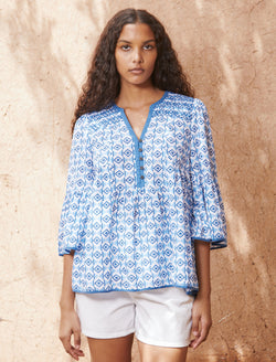 Hester Cotton Blouse - Blue Diamond Geo Print