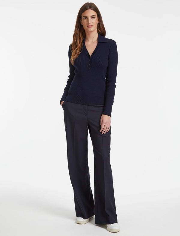 Ellen Collared V-Neck Rib Jumper - Navy