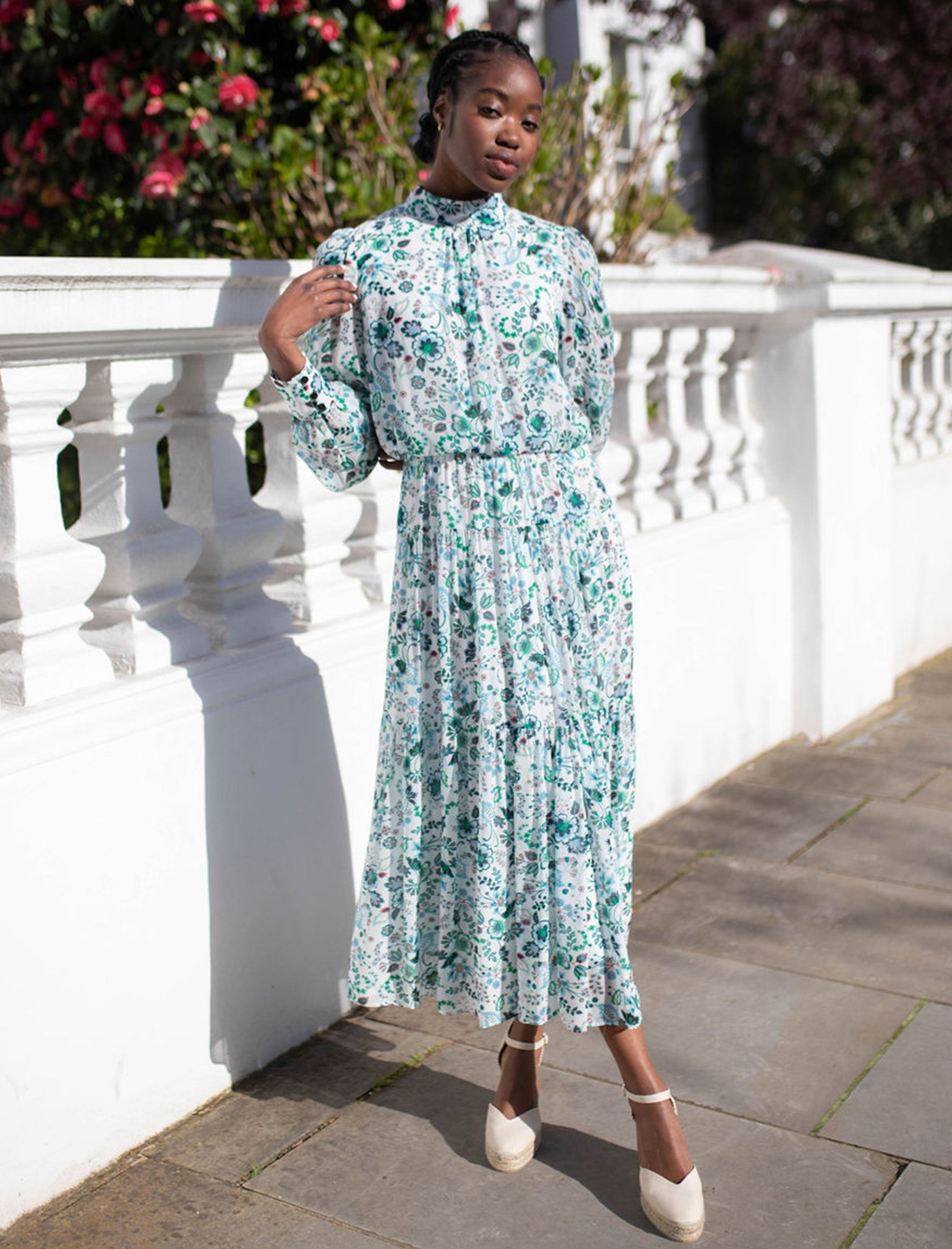 Green and white floral midi dress 2025