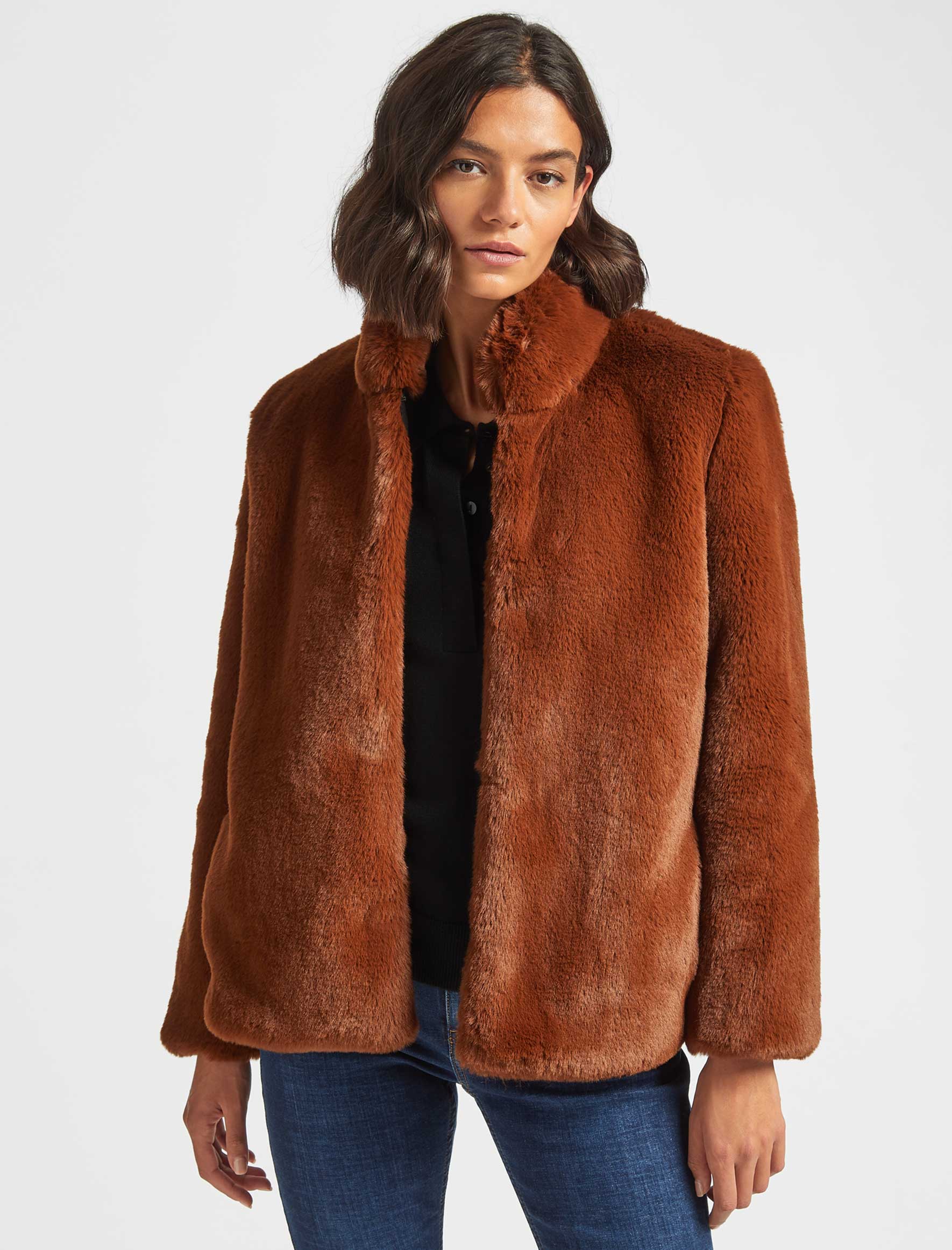 Carly Cropped Faux Fur Coat Chestnut Brown