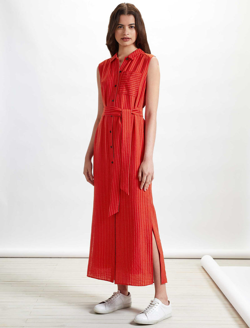 Ursula Sleeveless Maxi Shirt Dress with Pocket Crimson White Stripe