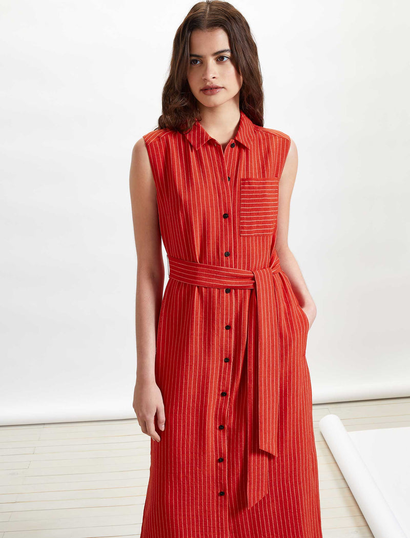 Ursula Sleeveless Maxi Shirt Dress with Pocket Crimson White Stripe