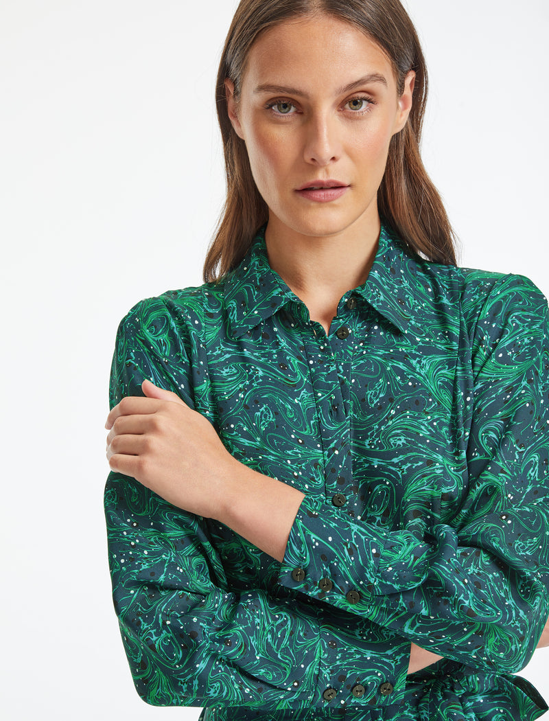 Millie Collared Long Sleeve Maxi Shirt Dress - Petrol Marble Print