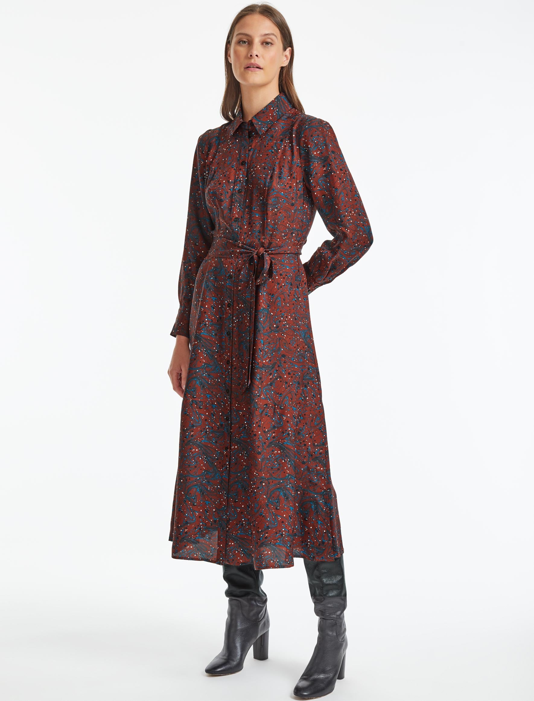 Millie Collared Long Sleeve Maxi Shirt Dress Rust Marble Print