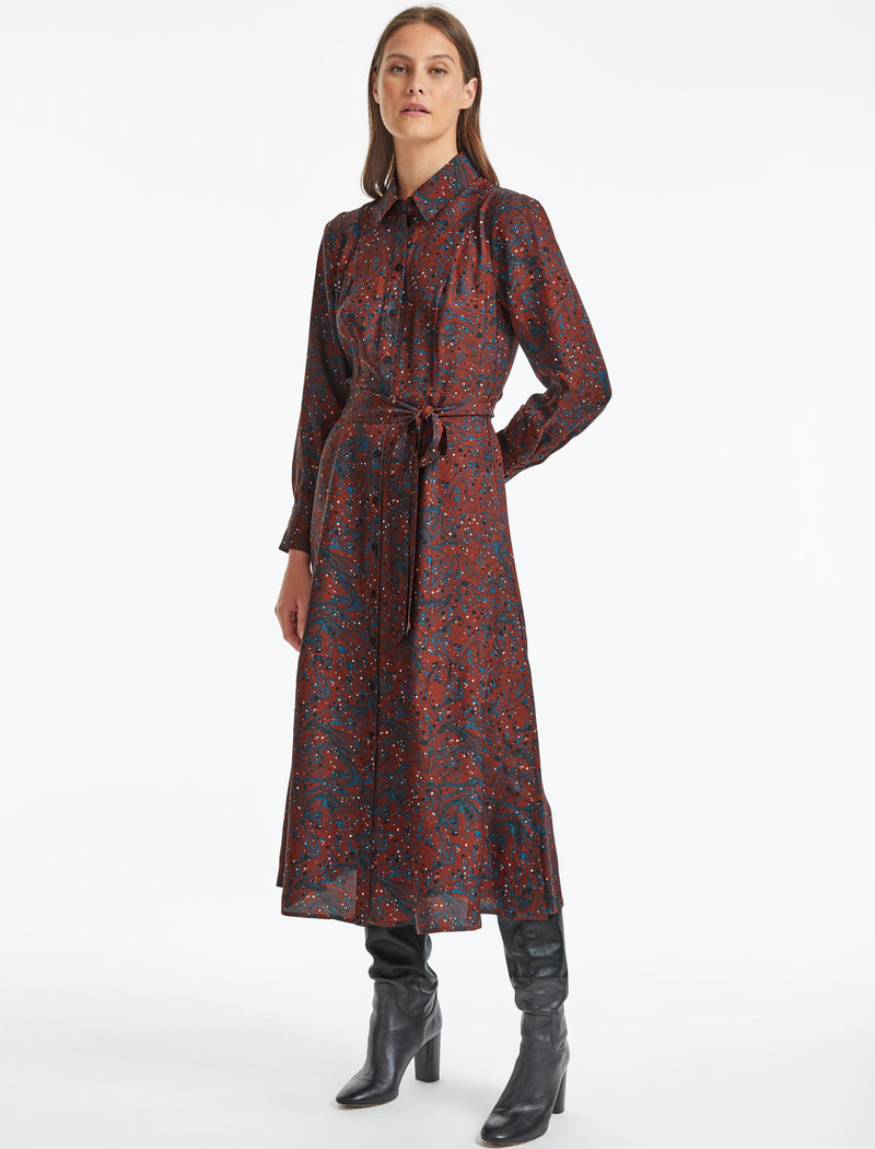 Millie Collared Long Sleeve Maxi Shirt Dress Rust Marble Print