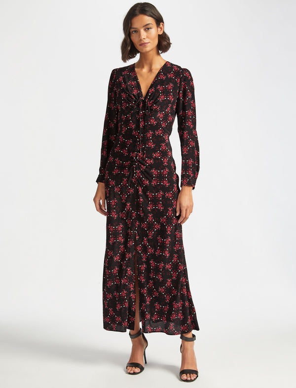 Ophelia Bias Cut V-Neck Maxi Dress - Black/Crimson Floral Print